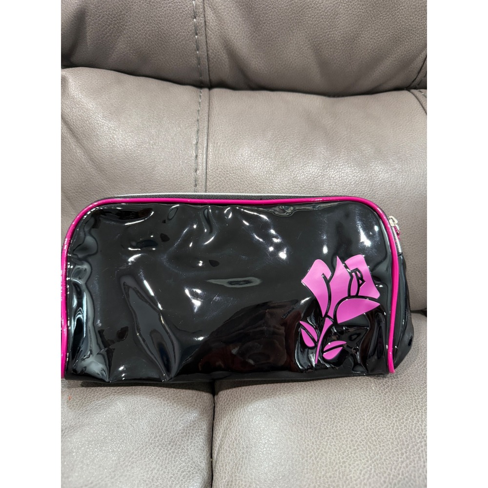 Lancome Paris Black Patent Pink Rose Floral Makeup Bag Cosmetic Pouch Zip Top